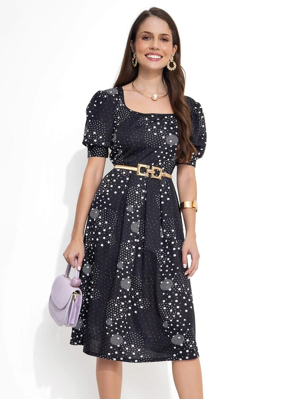 Rosalie - Vestido Poá Preto Manga 3/4