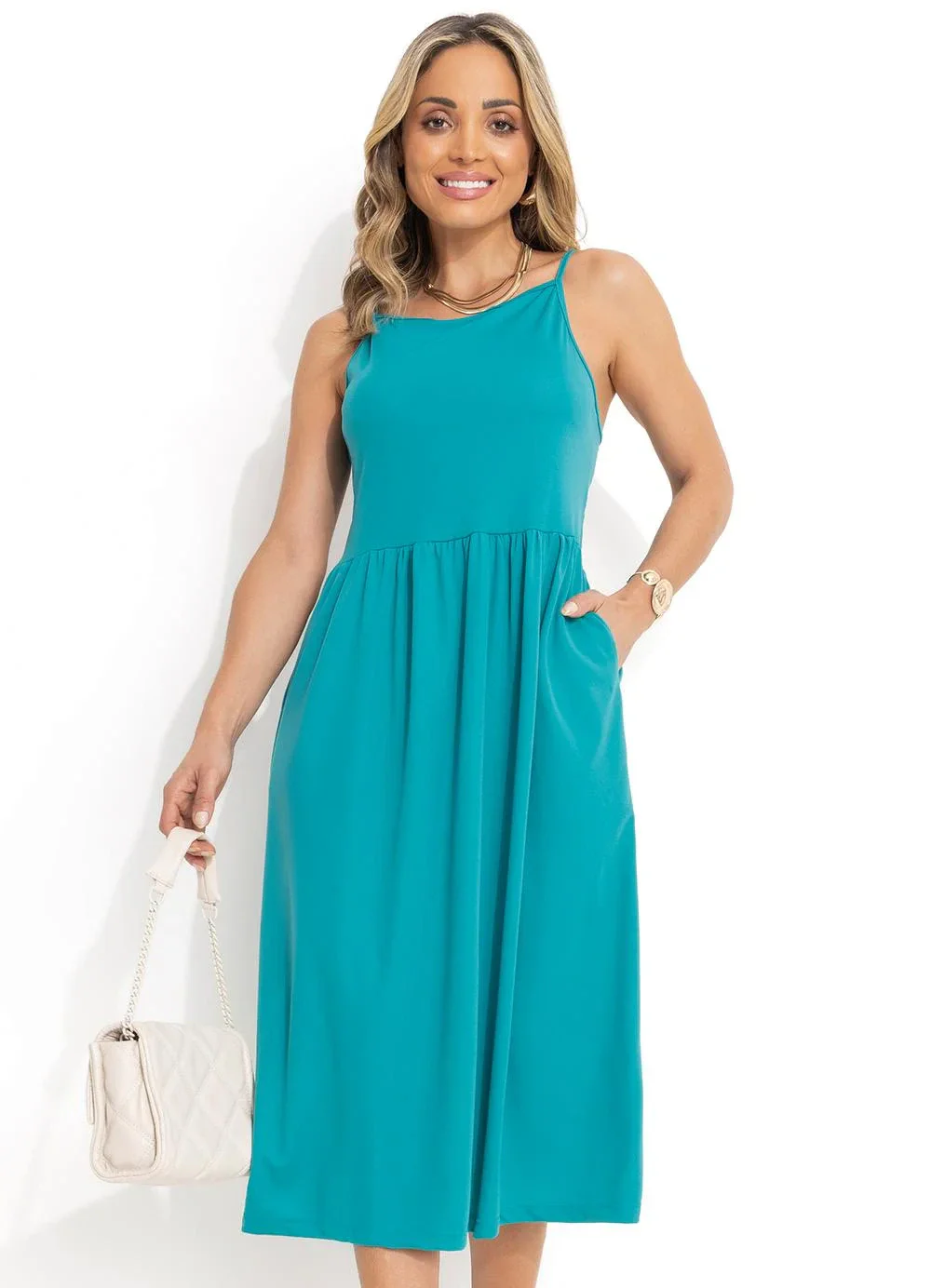 Moda Pop - Vestido Midi Turquesa com Alças