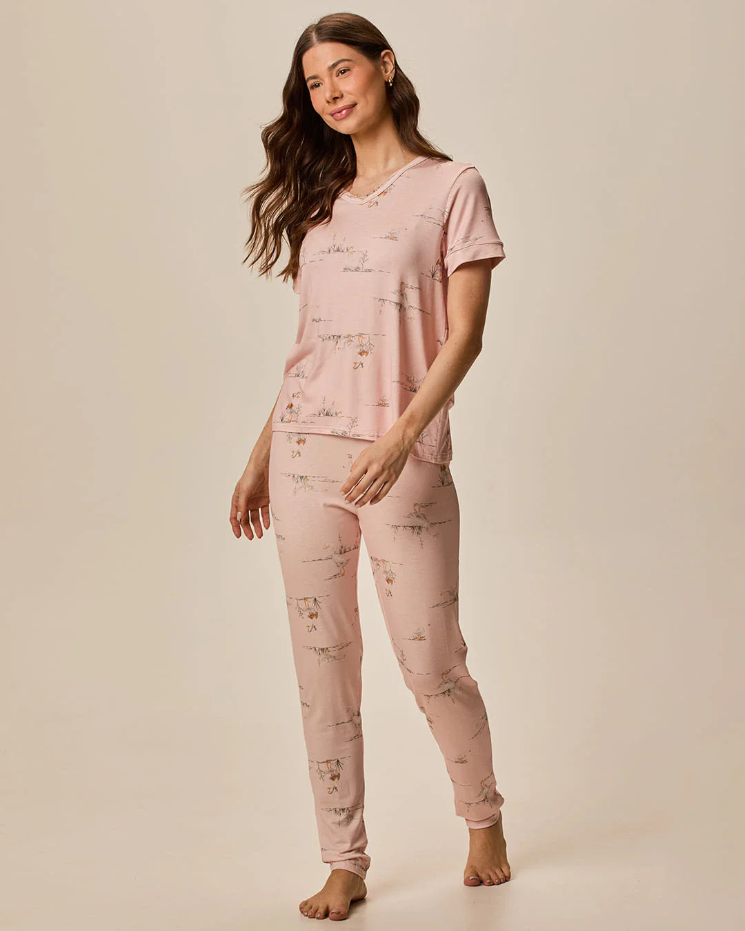 Pijama Longo Feminino Estampa Animal Blusa E Calça Em Viscose Stretch