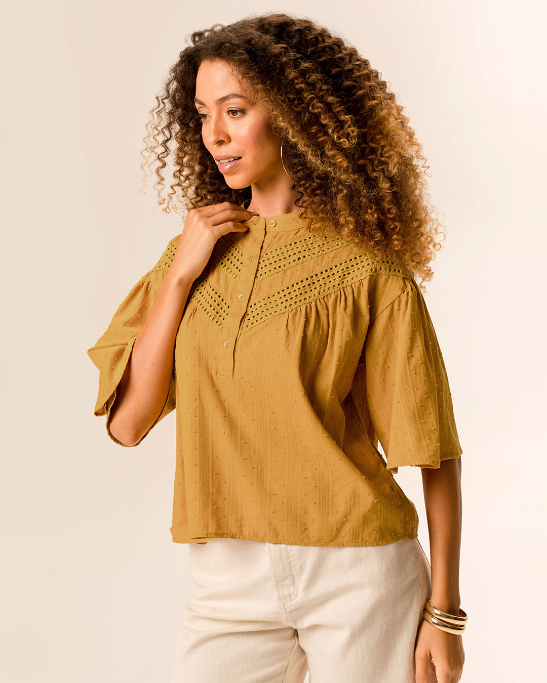 Blusa Bata Feminina Botões Frontais Manga 3/4 Em Algodão Leve