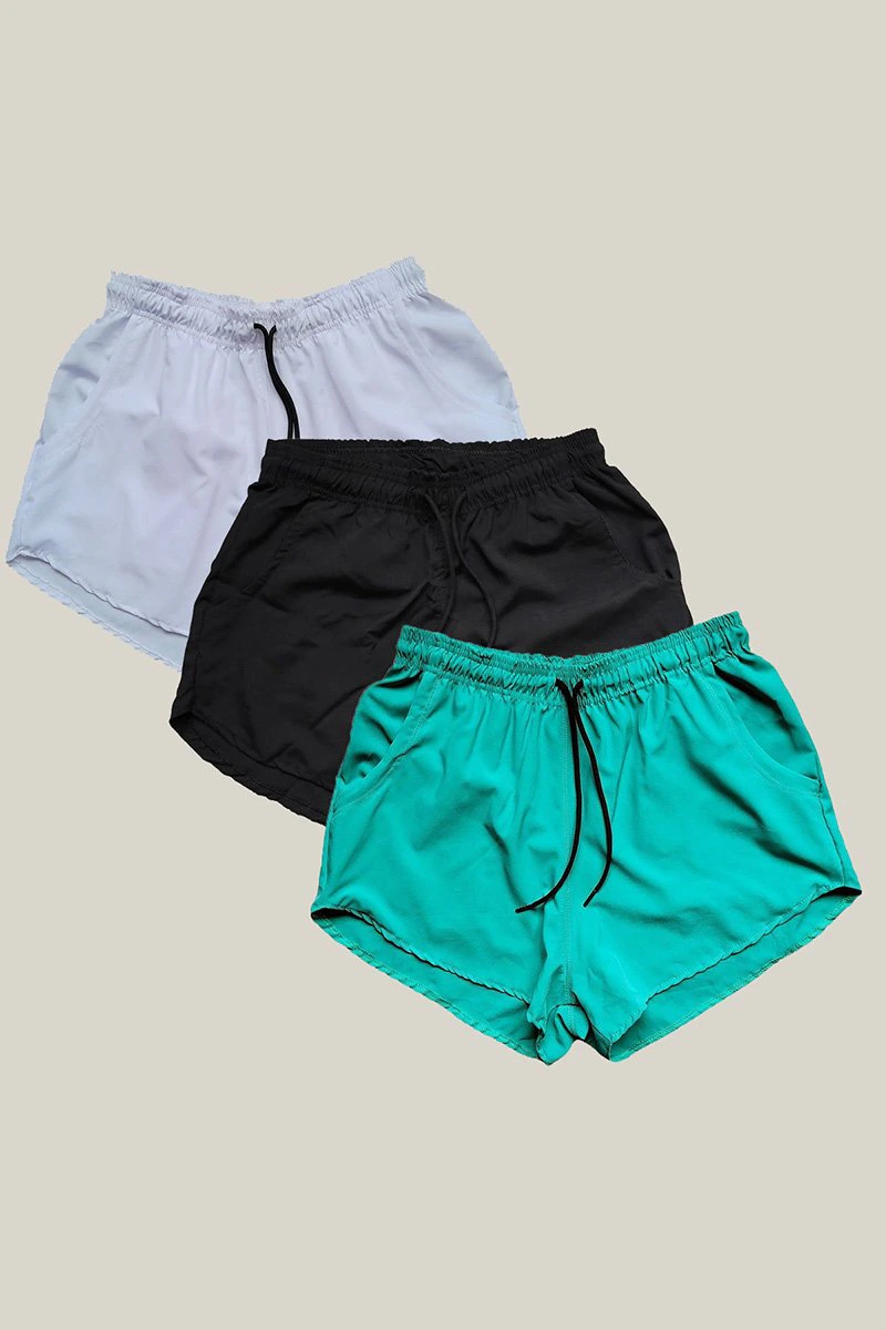 Kit 3 Shorts Praia Feminino Branco, Preto e Verde WSS Brasil