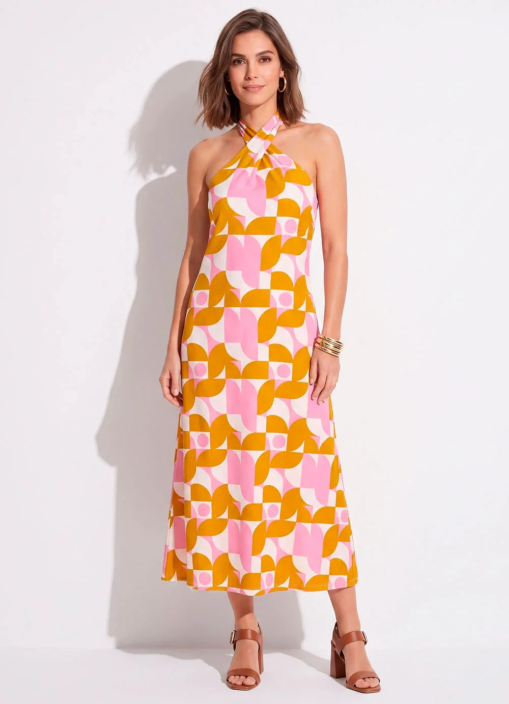 Quintess - Vestido Longo Frente Única Estampado em Malha Fria com Amarração