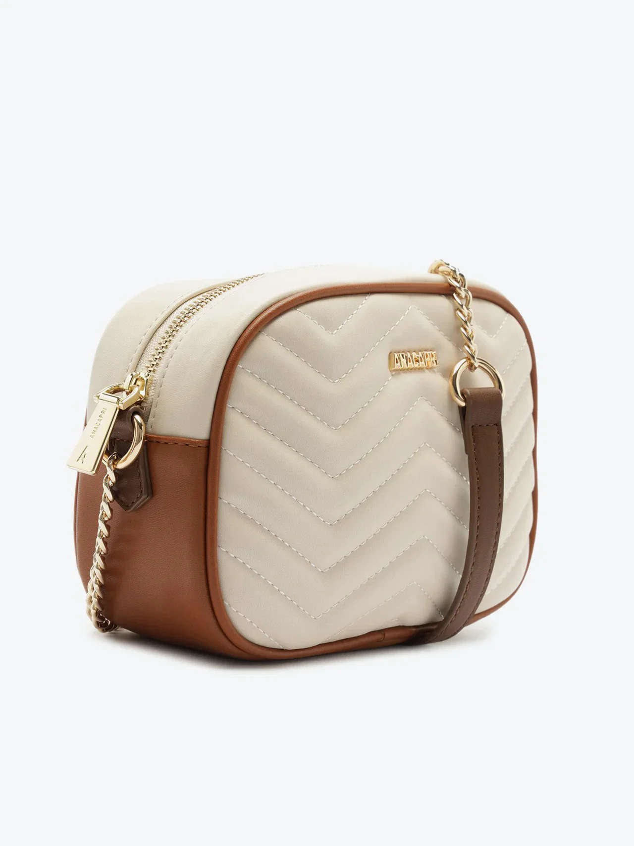 Bolsa Tiracolo Média Matelassê Zig Zag Bege e Marrom