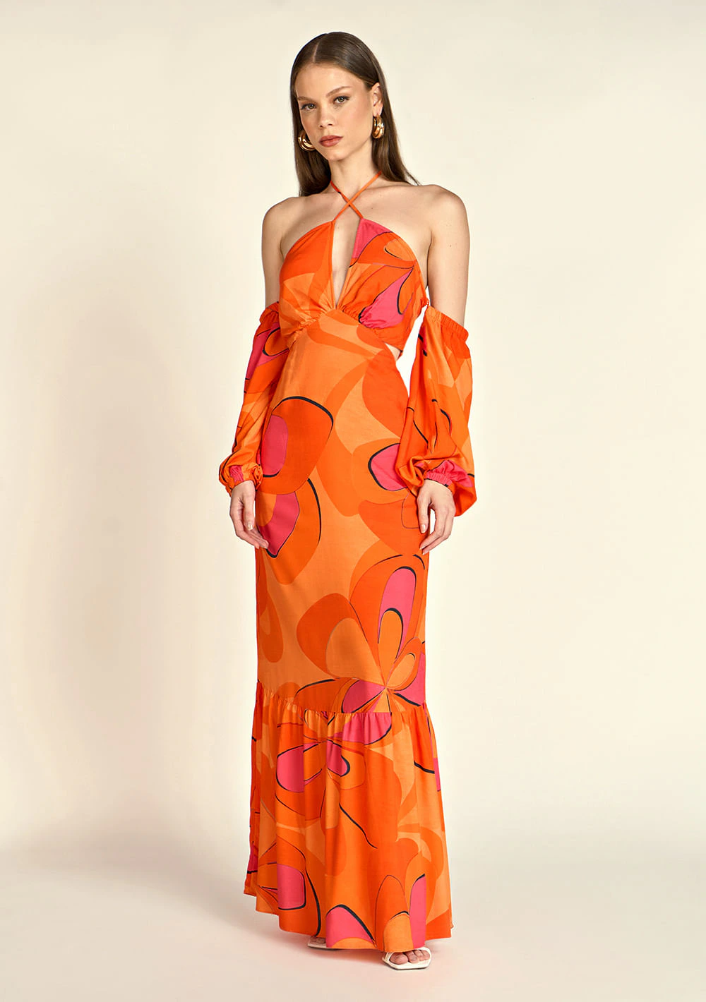Vestido Zinco Longo Decote V Com Amarração Laranja