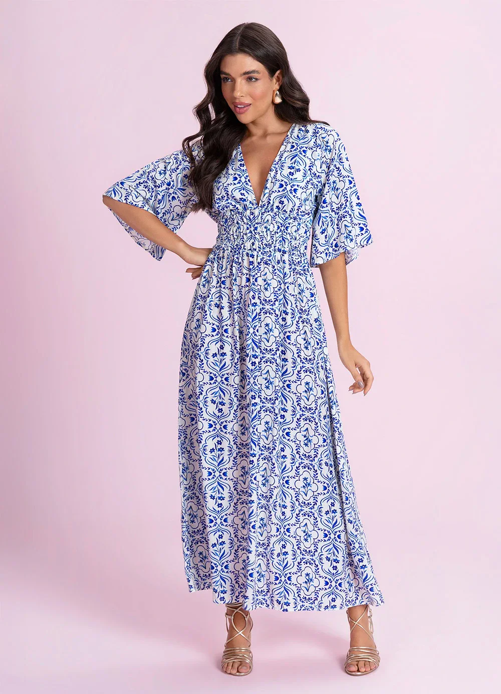 Angel - Vestido Midi Viscose Estampada Azul
