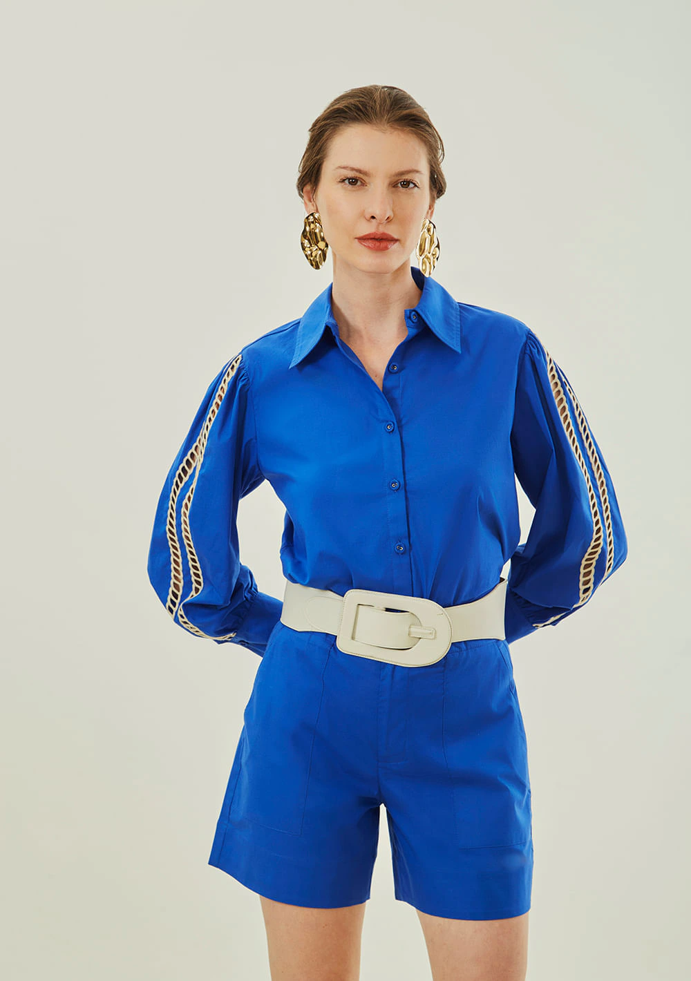 Camisa Maria.Valentina Solta Gola Tradicional Manga Longa Padrão Azul