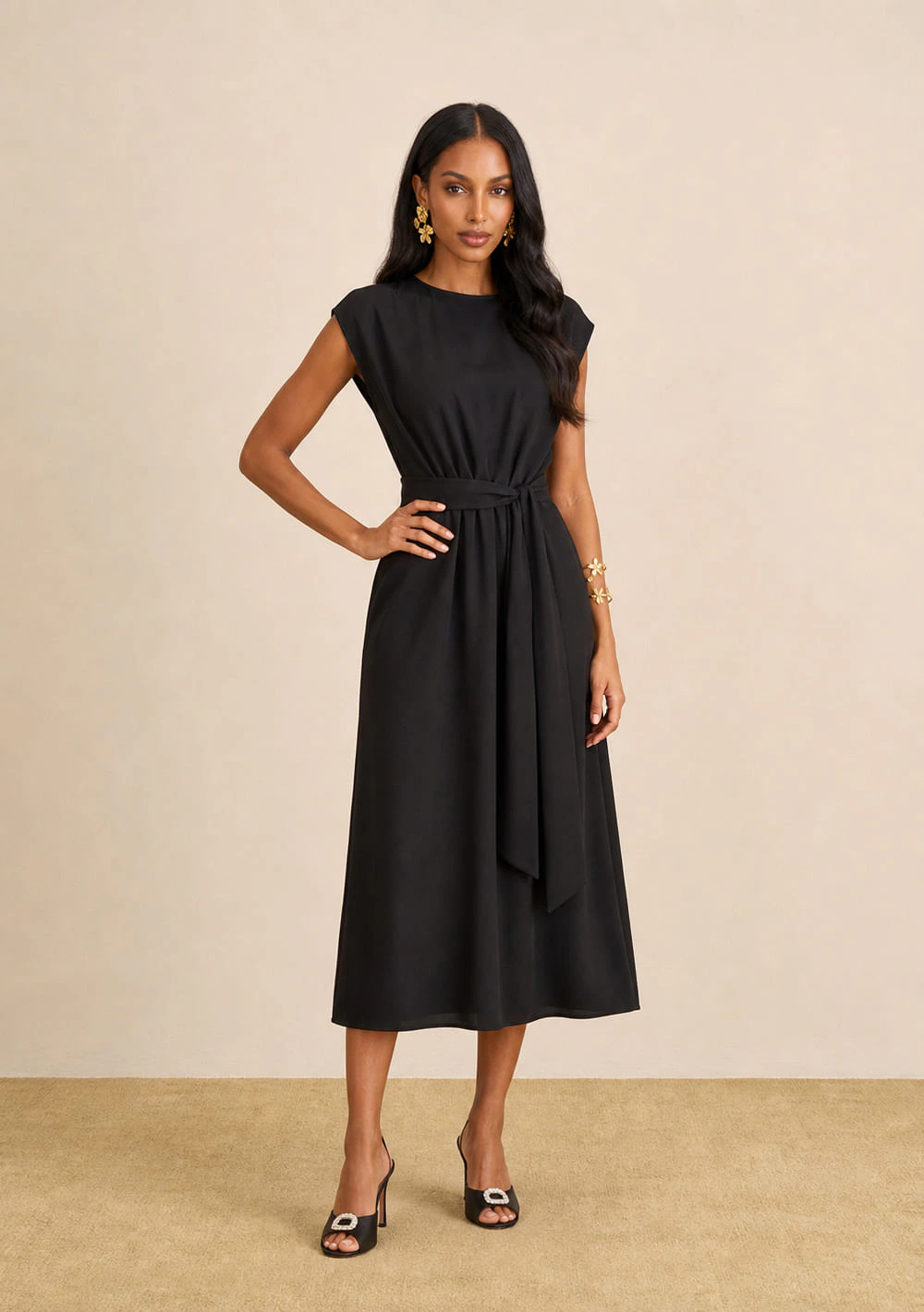 Vestido Maria.Valentina Solto Decote Canoa Sem Manga Midi Preto