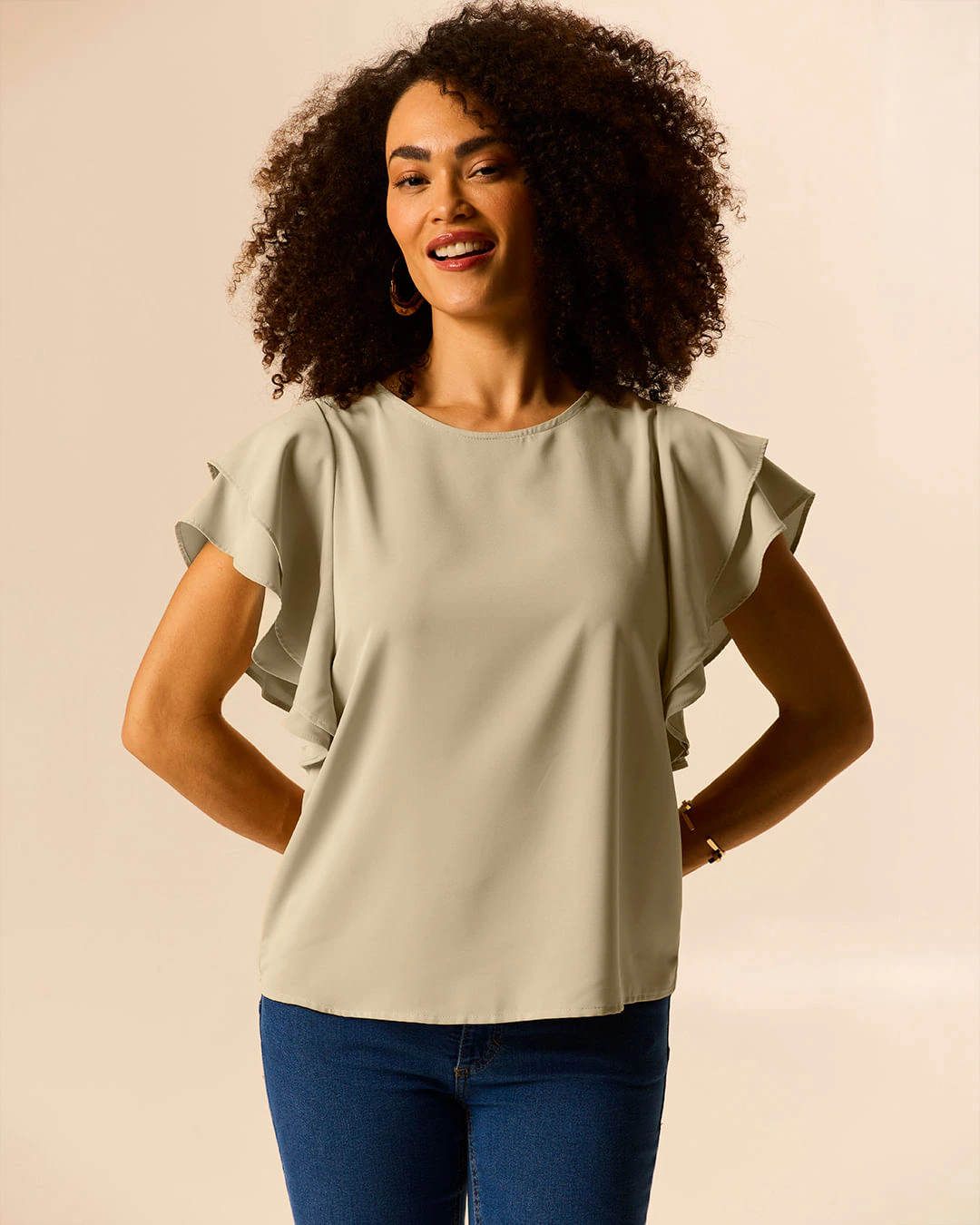 Blusa Feminina Manga Babados Em Tecido Crepe