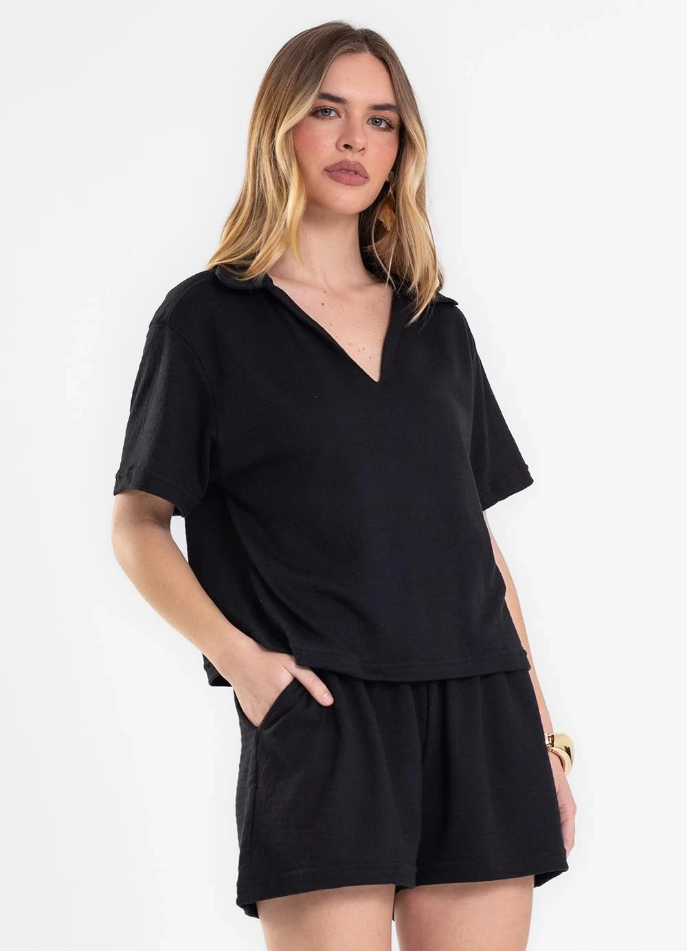 Rovitex - Conjunto Polo com Shorts Feminino Preto