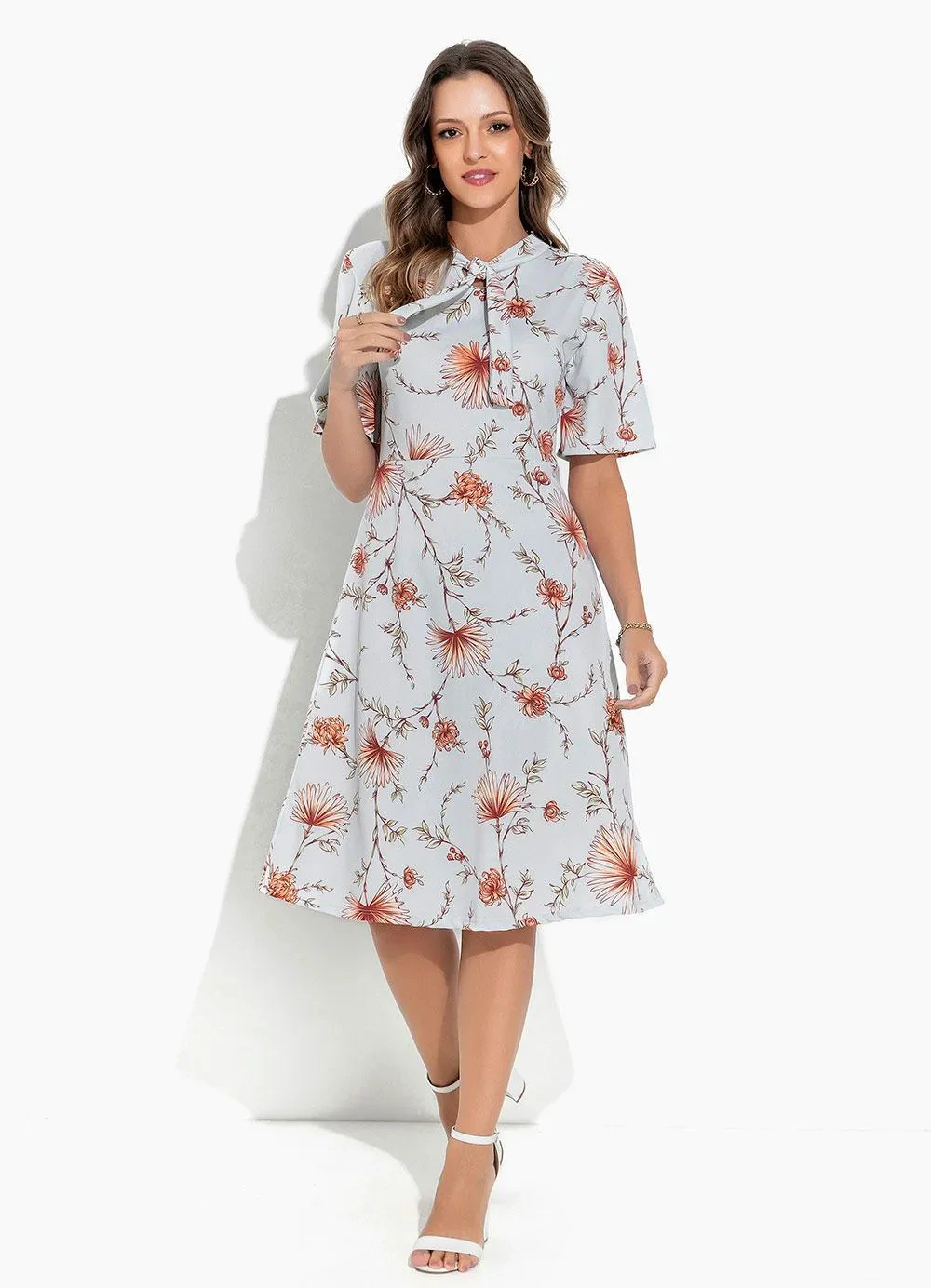 Rosalie - Vestido Floral AzulCom Gola Laço