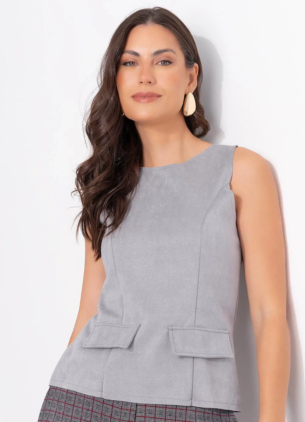 Quintess - Blusa Cinza em Malha Suede