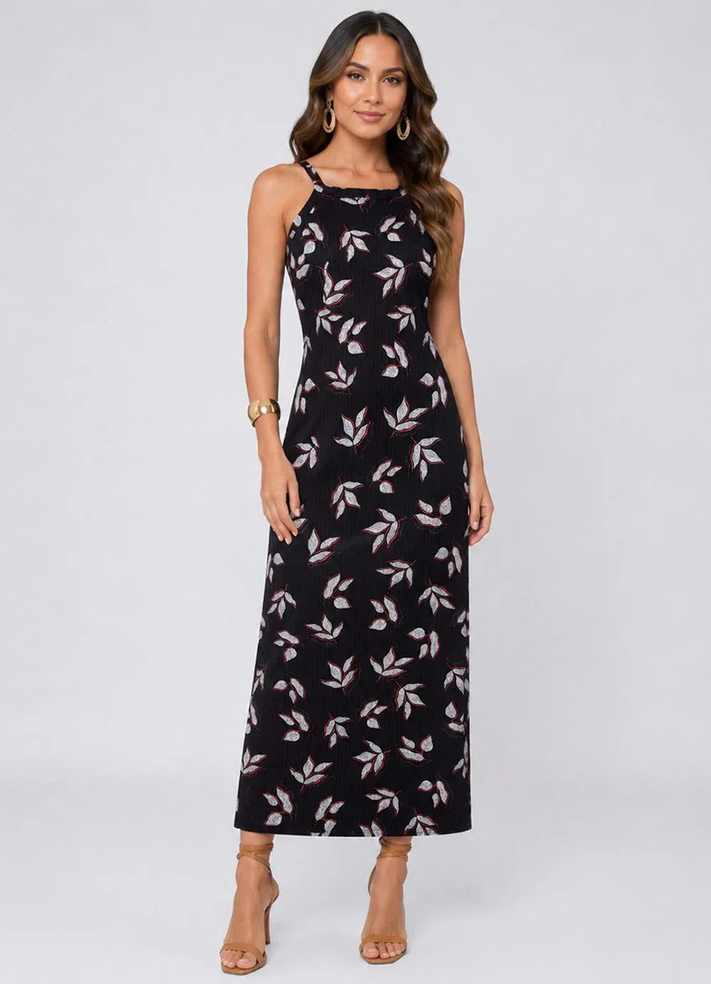 Select - Vestido Midi em Ribana Canelada Preto