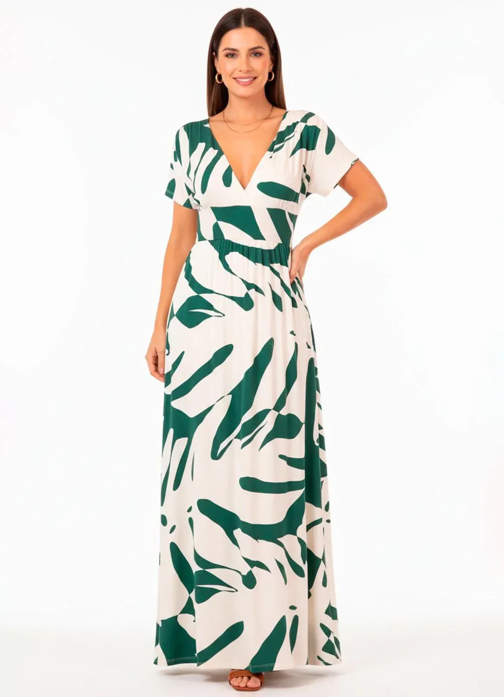 Quintess - Vestido Folhagem Verde em Malha de Viscose