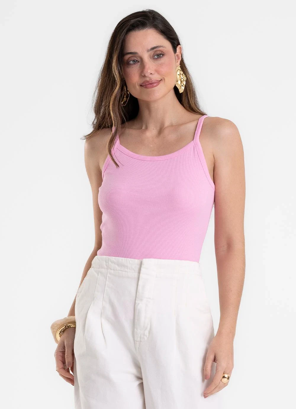 Rovitex - Blusa de Alça Feminina Justa em Ribana Rosa