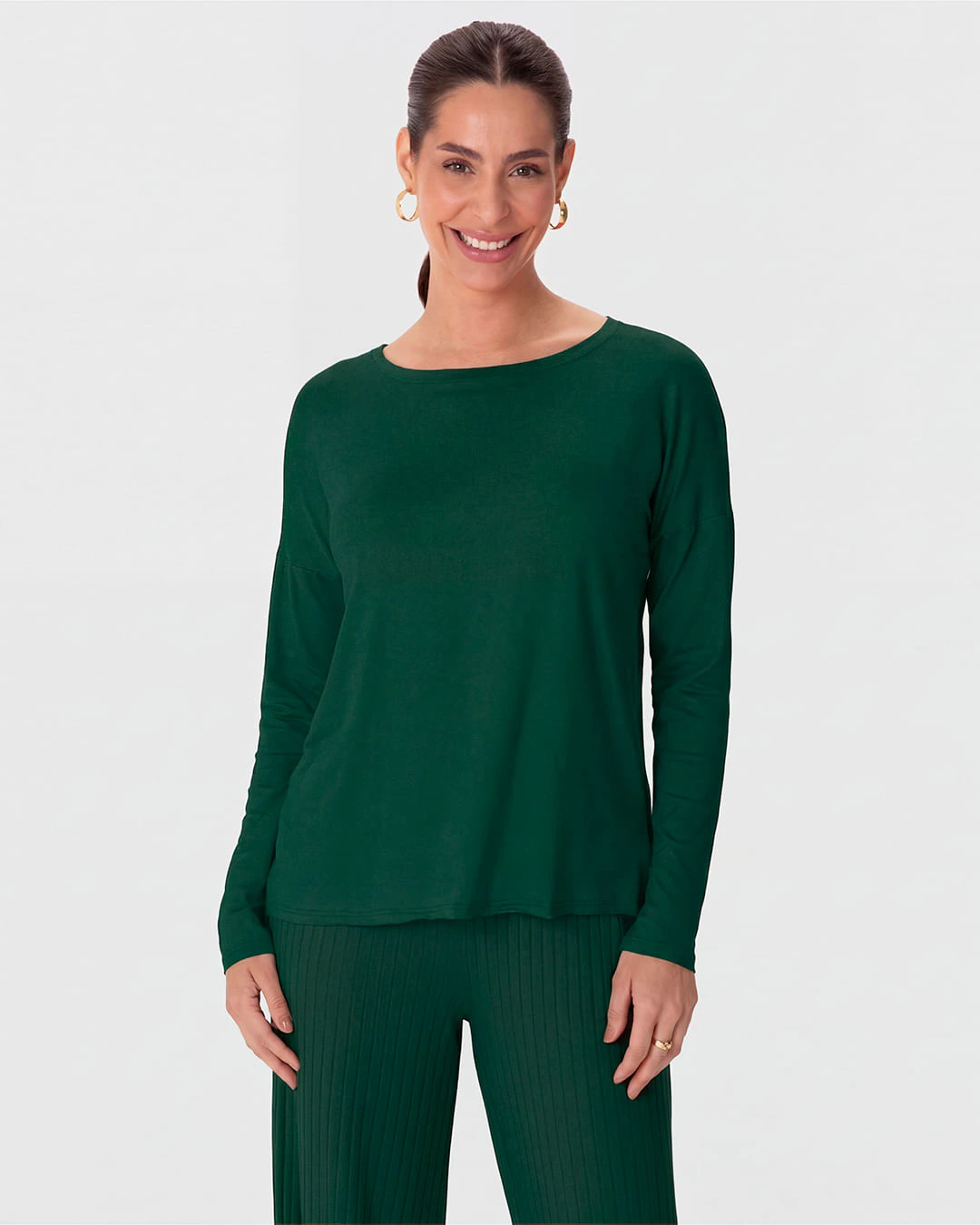 Blusa Básica Feminina Ampla Manga Longa Em Viscose Stretch
