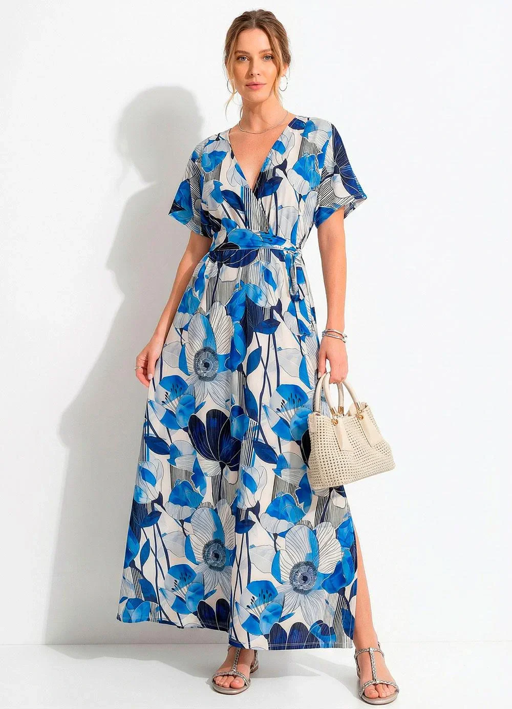 Quintess - Vestido Floral Azul em Malha Fria