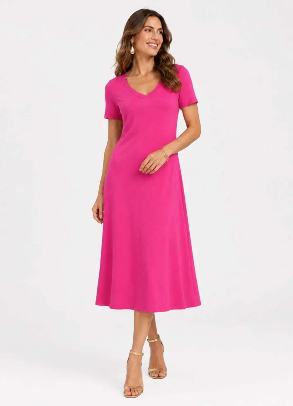 Rovitex - Vestido Midi com Decote em V Malha Visco Rosa