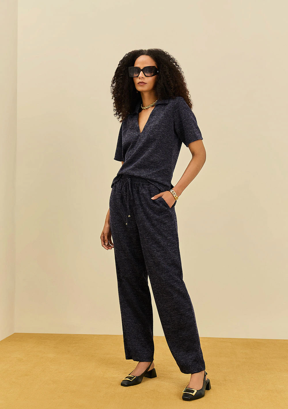Blusa Maria.Valentina Solta Polo Manga Curta Padrão Azul Escuro