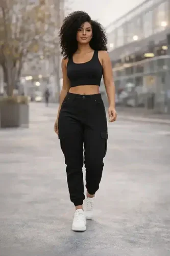 Calça Cargo Jogger Jeans Feminina Cintura Alta Com Lycra