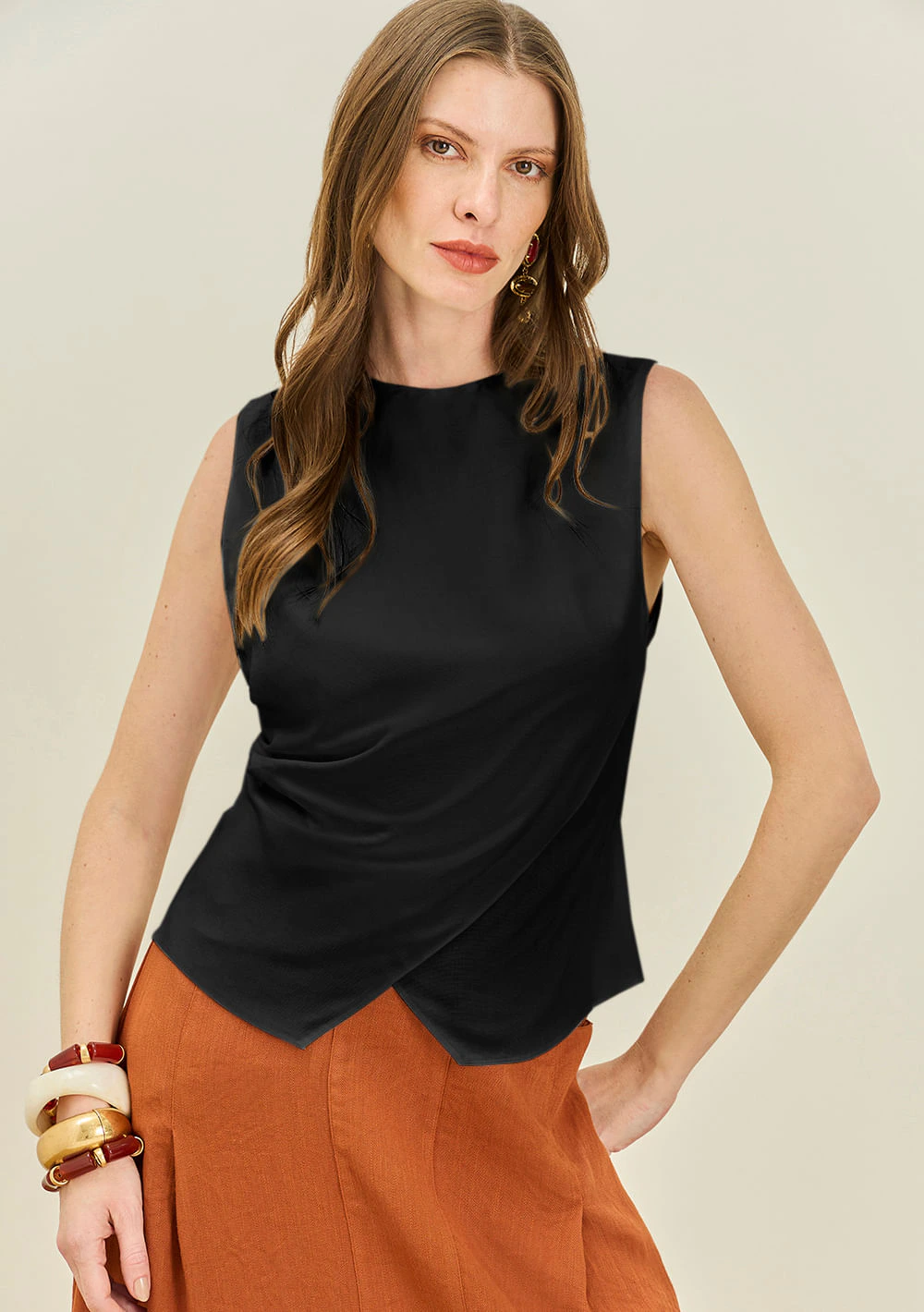 Blusa Maria.Valentina Ajustada Decote Careca Sem Manga Padrão Preto
