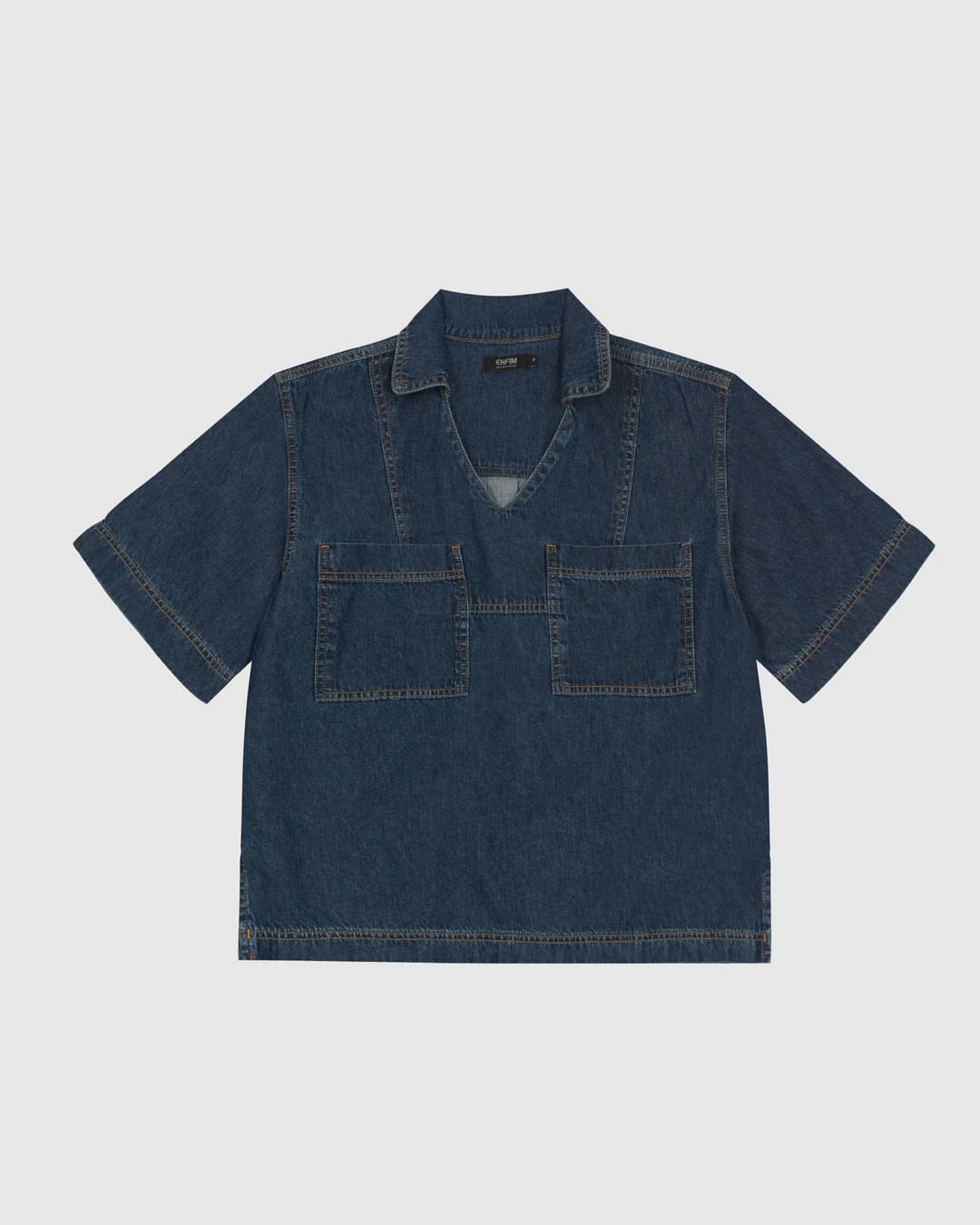 Blusa Ampla Feminina Gola V Bolso Frontal Em Jeans Leve - ENFIM