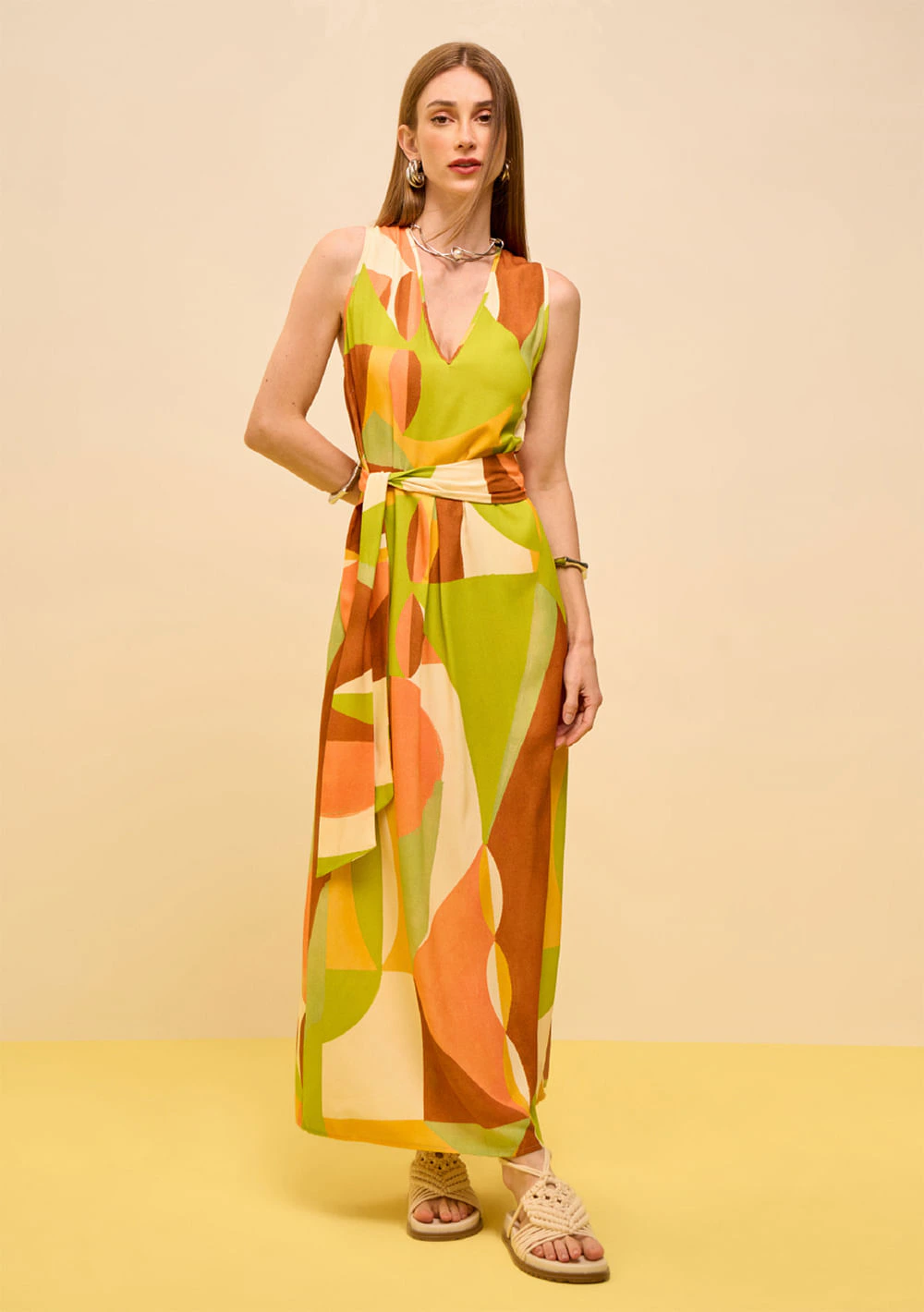 Vestido Zinco Solto Decote V Sem Manga Longo Verde