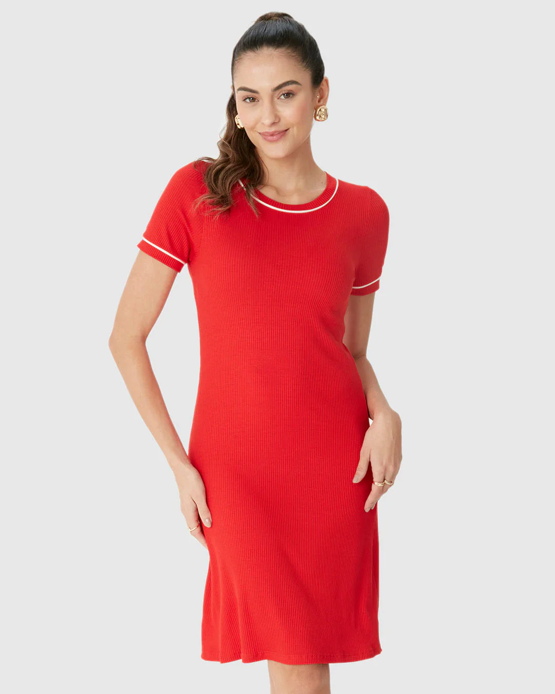 Vestido Básico Feminino Costura Contraste Em Malha Viscose Canelada