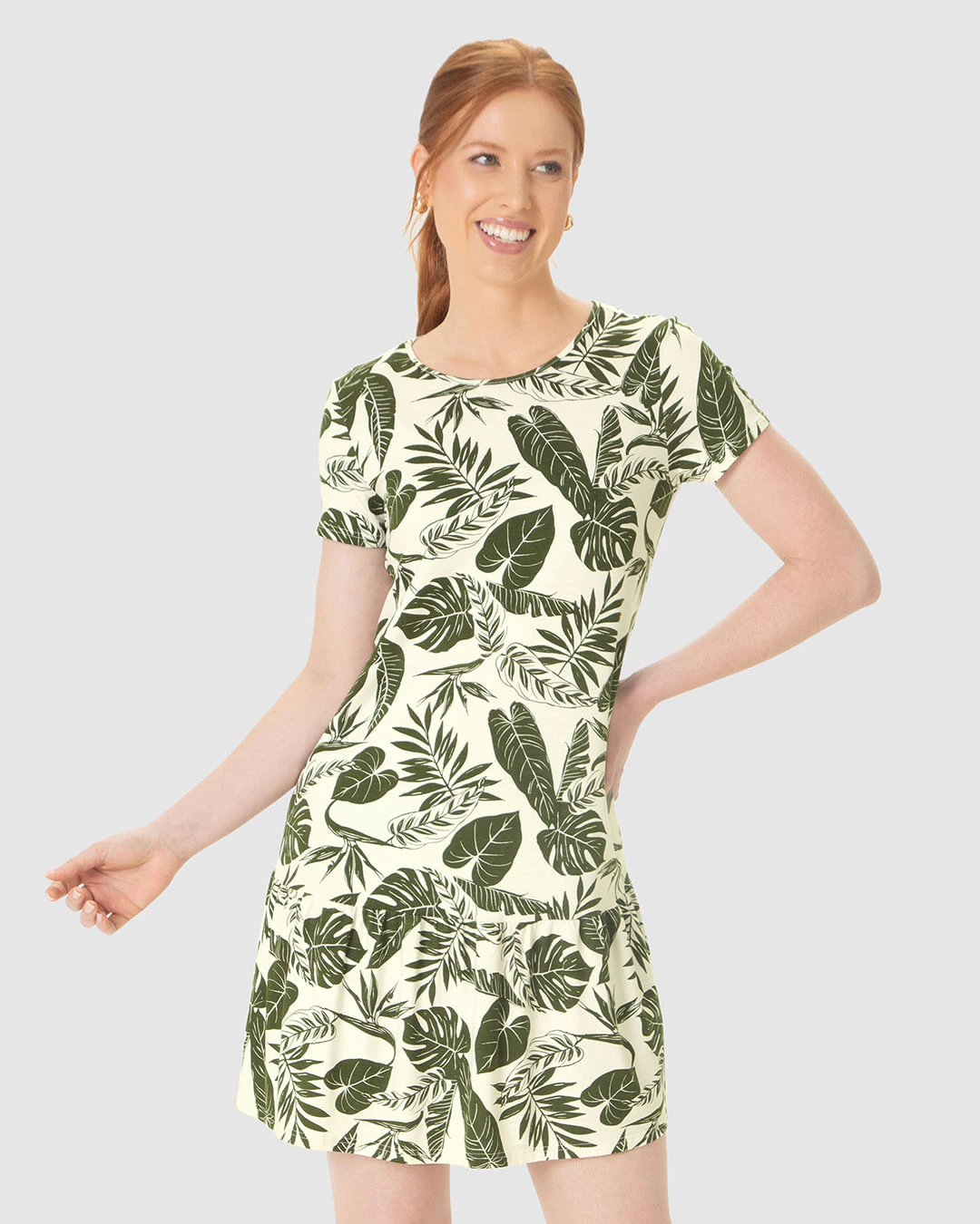Vestido Feminino Evasê Estampa Folhagem Em Viscose Stretch