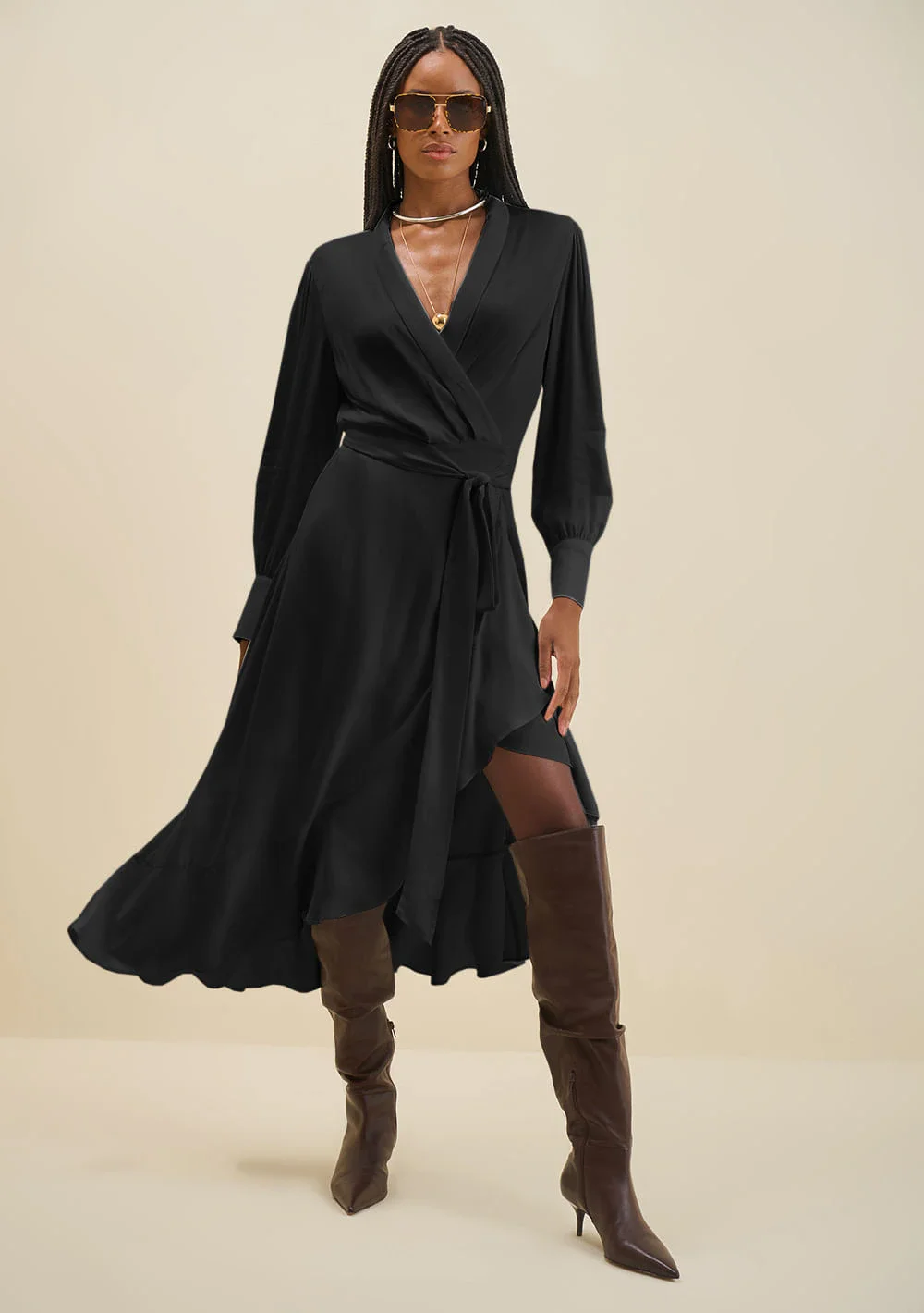 Vestido Morena Rosa Solto Decote Transpassado Manga Longa Midi Preto