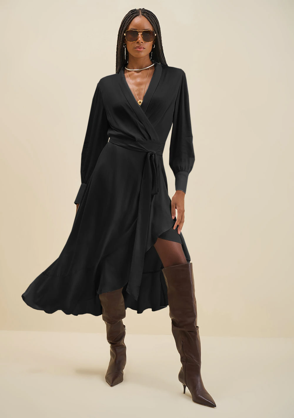 Vestido Morena Rosa Solto Decote Transpassado Manga Longa Midi Preto