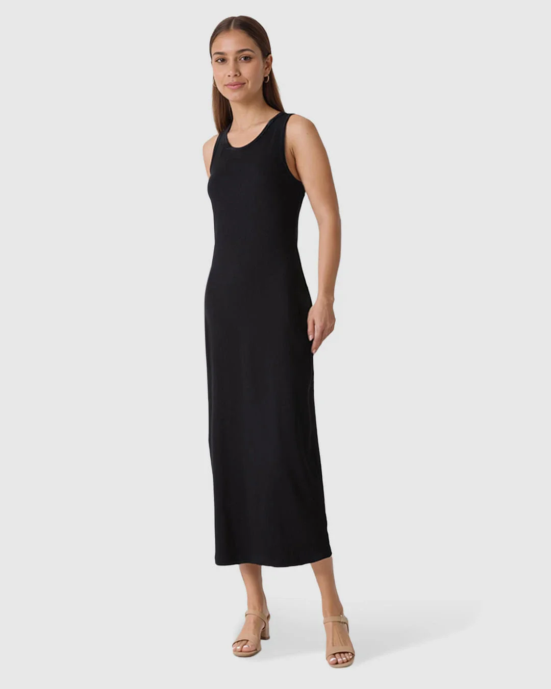Vestido Midi Feminino Decote Redondo Alça Larga Em Ribana