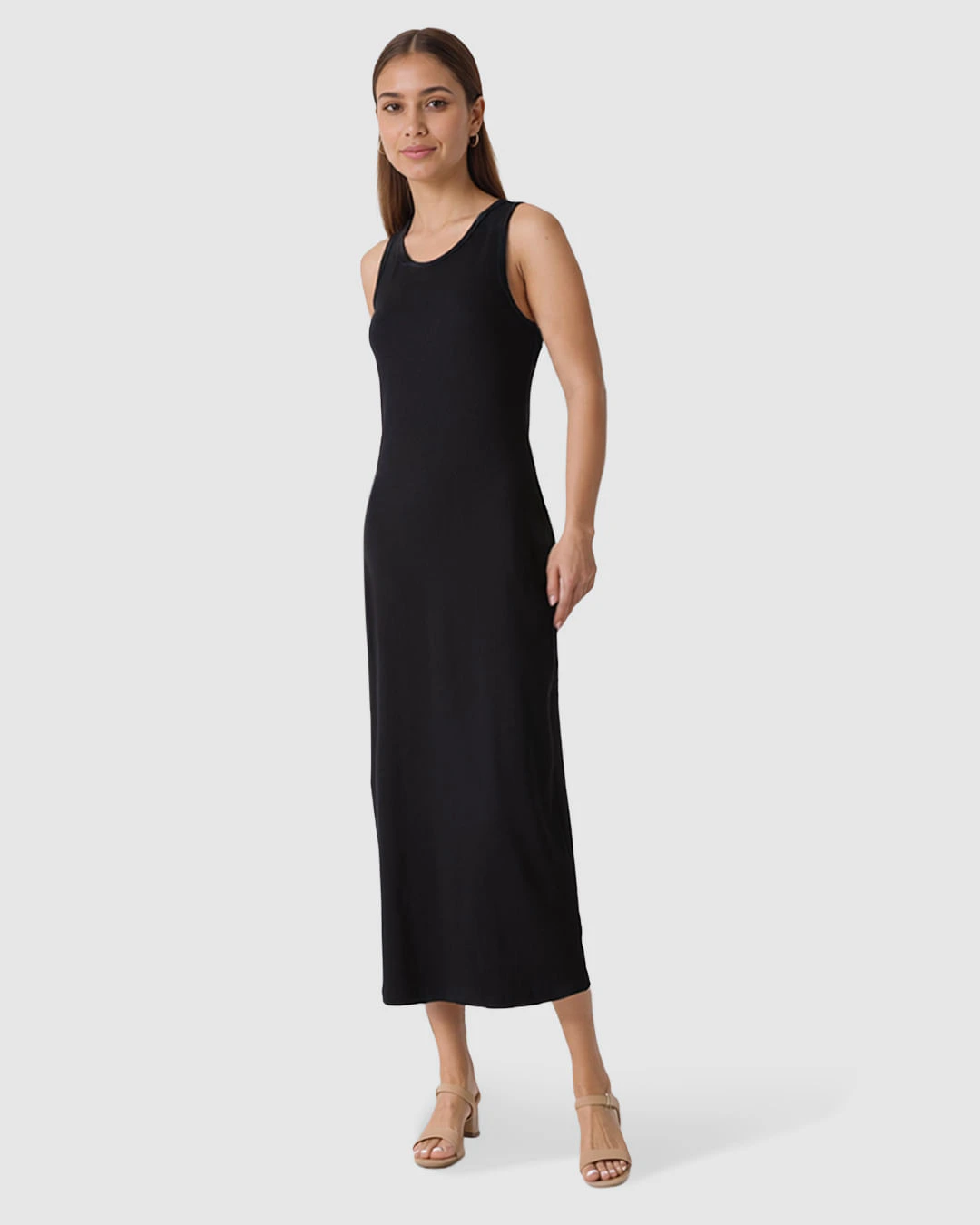 Vestido Midi Feminino Decote Redondo Alça Larga Em Ribana