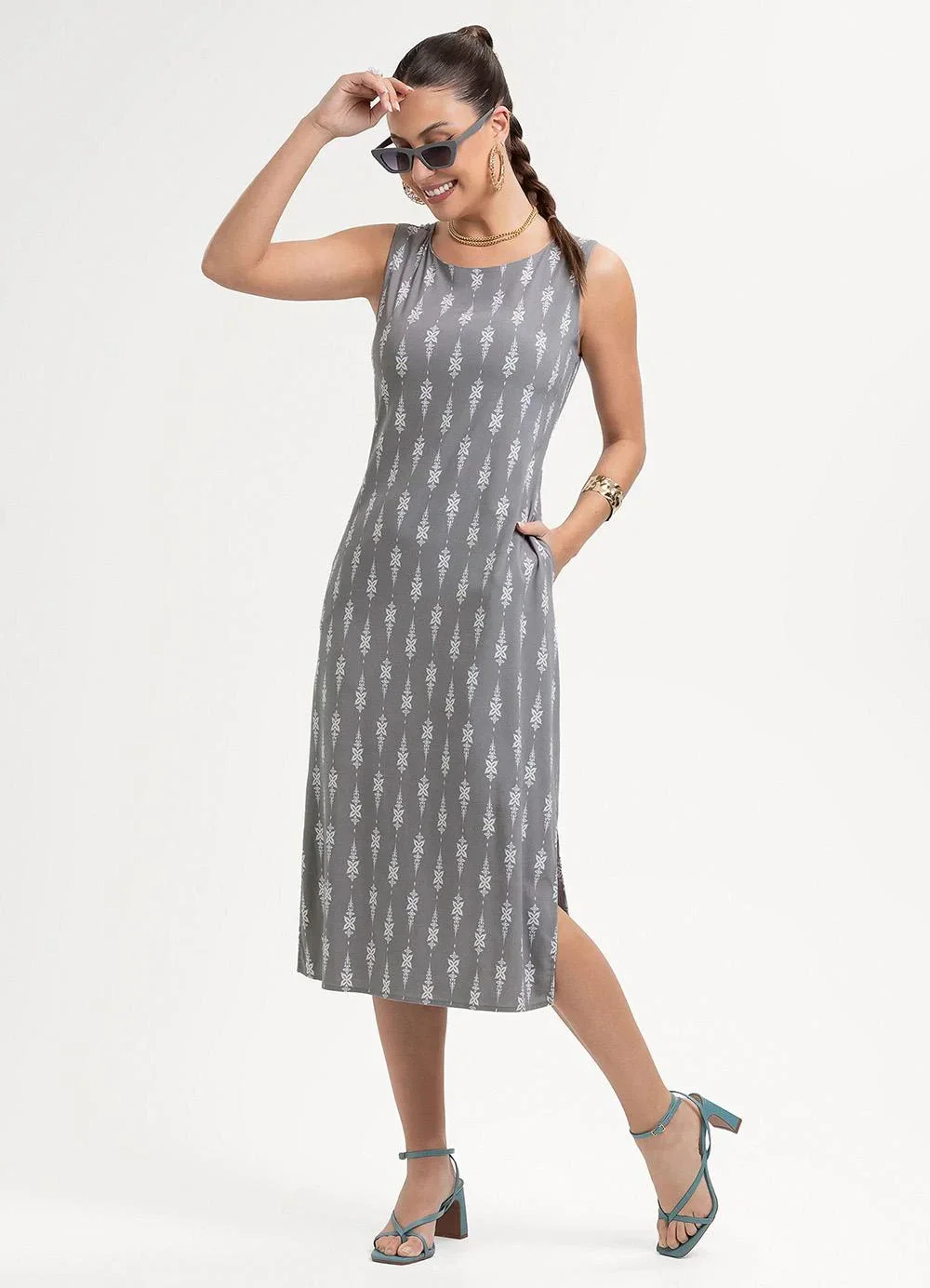 Habana - Vestido Midi em Viscose Cinza