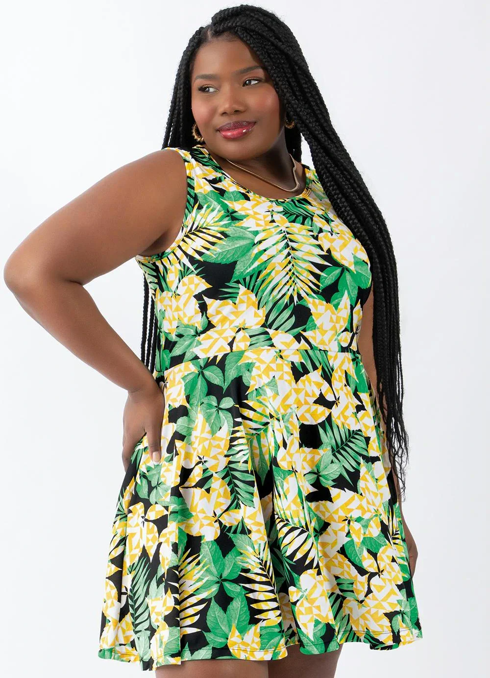 Moda Pop - Vestido Godê Folha e Geométrico Laranja