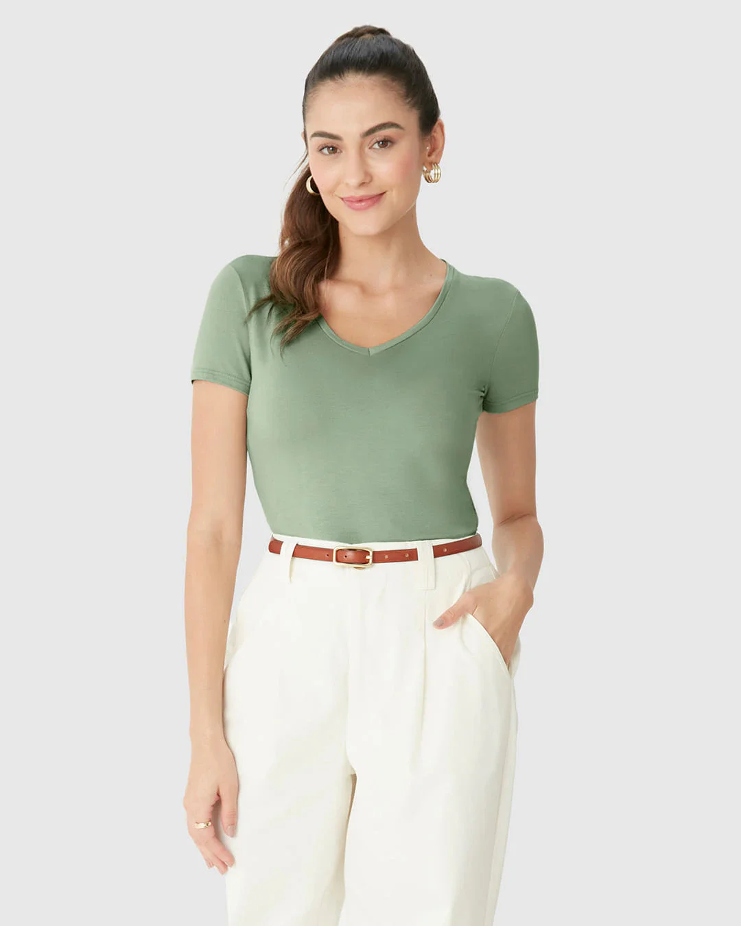Blusa Básica Feminina Decote V Em Viscose Stretch