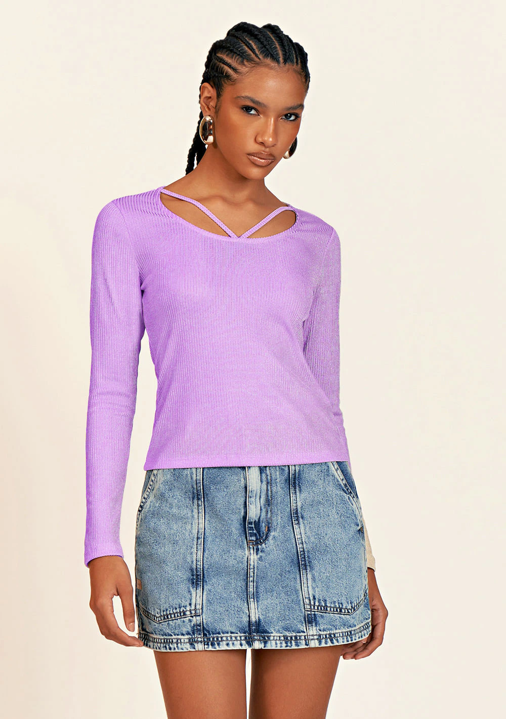 Blusa Zinco Decote U Manga Longa Detalhe Viés Lilas