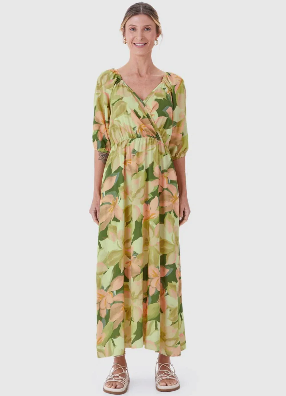 Malwee - Vestido Mídi Evasê Floral Verde Limão