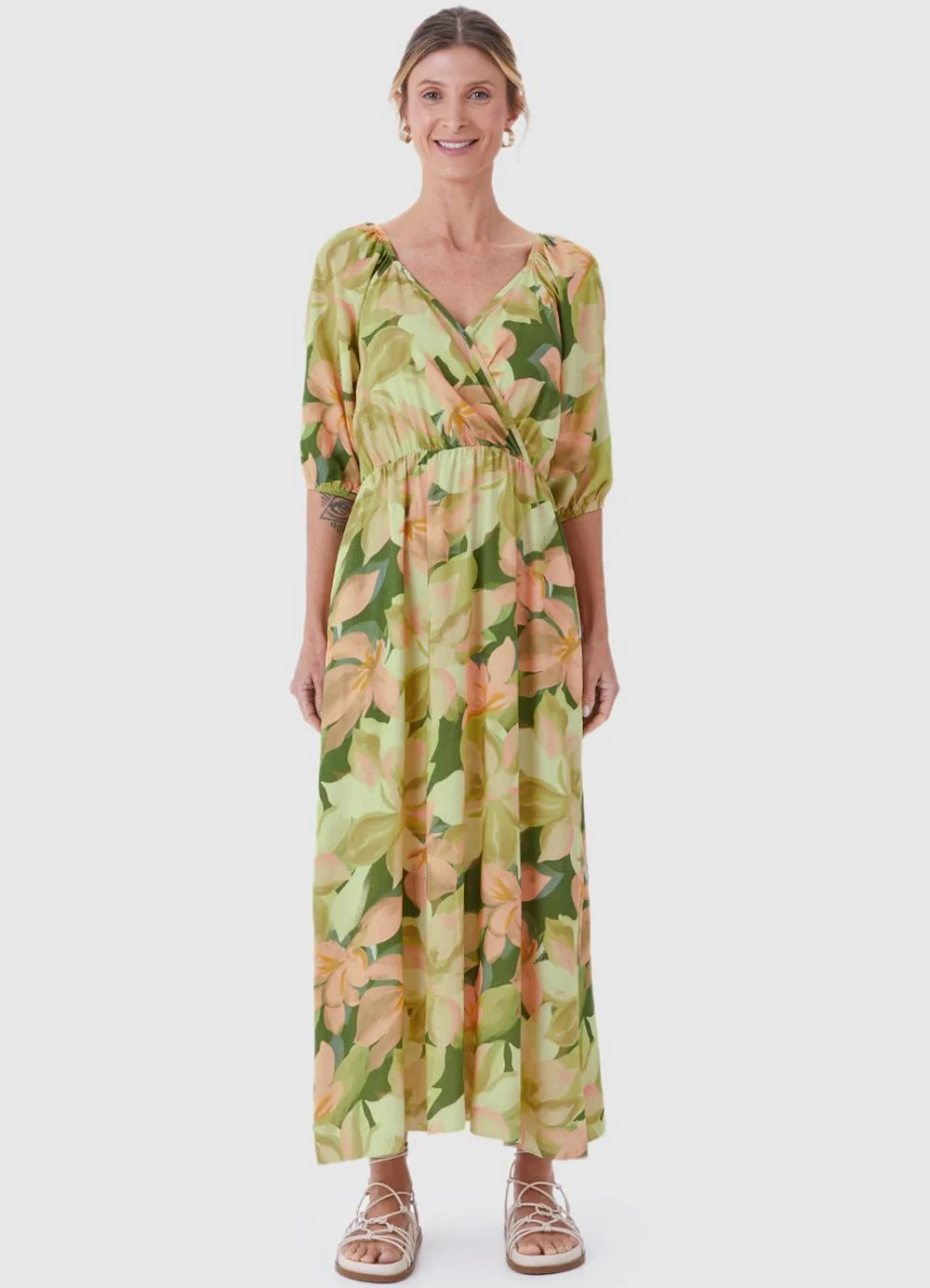 Malwee - Vestido Mídi Evasê Floral Verde Limão