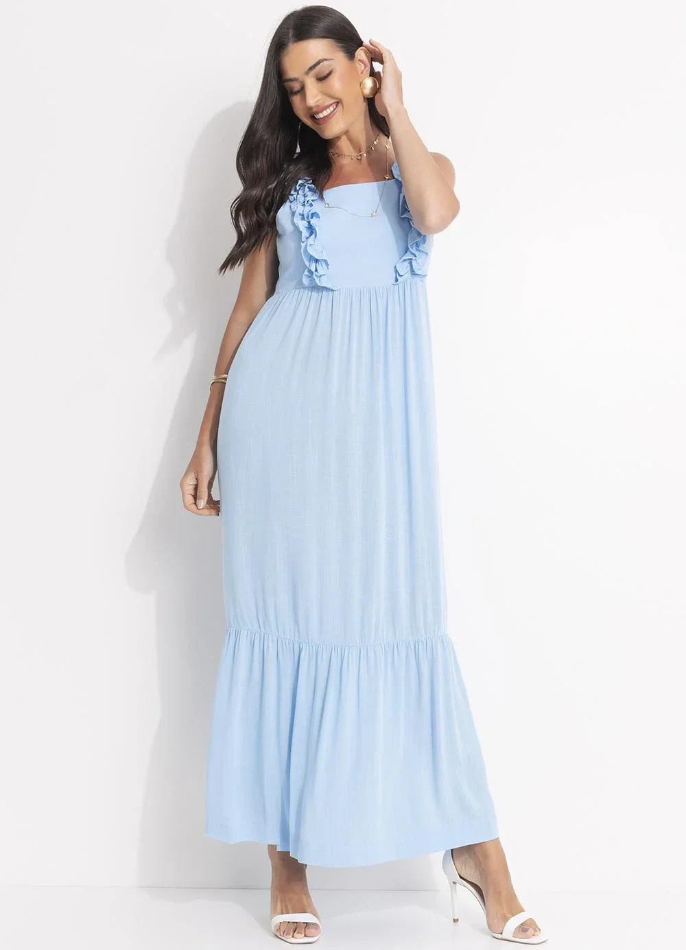 Svela - Vestido Azul Claro em Vicose Plana
