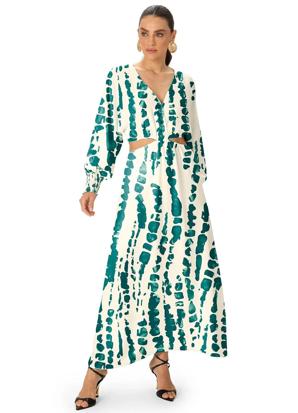 Enfim - Vestido Midi Evasê em Viscose Abtrata Branco