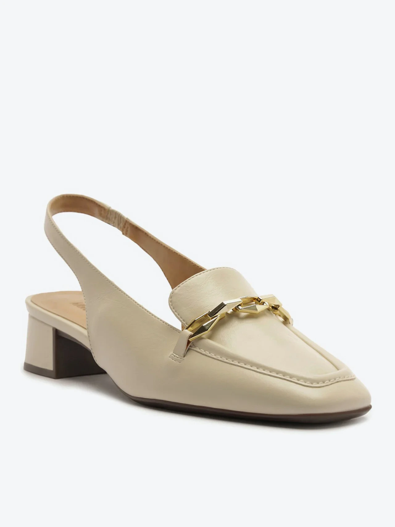 Mocassim Slingback Salto Bloco Corrente Branca