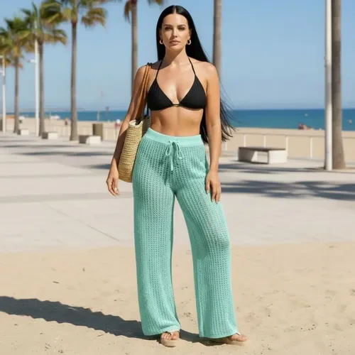 Calça Tricô Saída De Praia Pantalona C/ajuste Canga Piscina