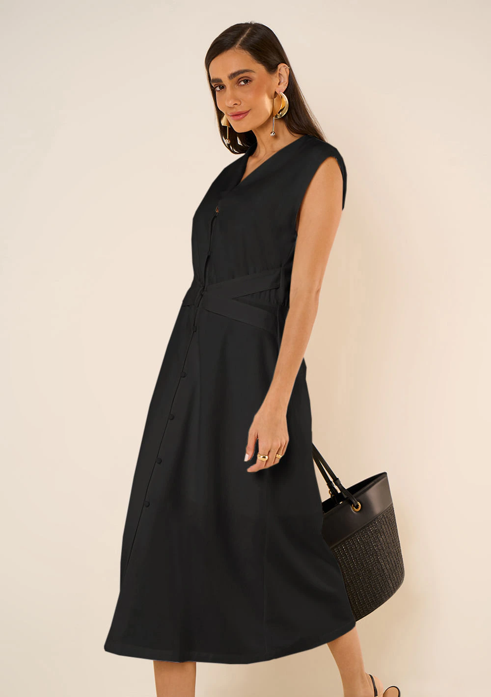 Vestido Maria.Valentina Ajustado Decote V Sem Manga Midi Preto
