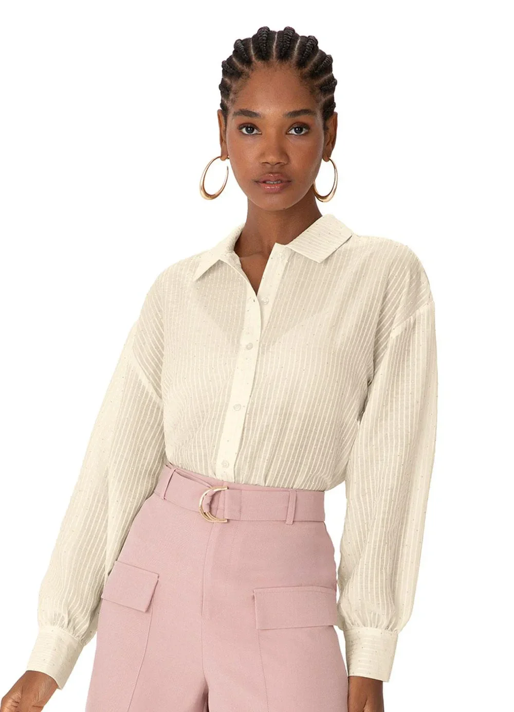 Enfim - Camisa Ampla Listrada com Brilho Off White
