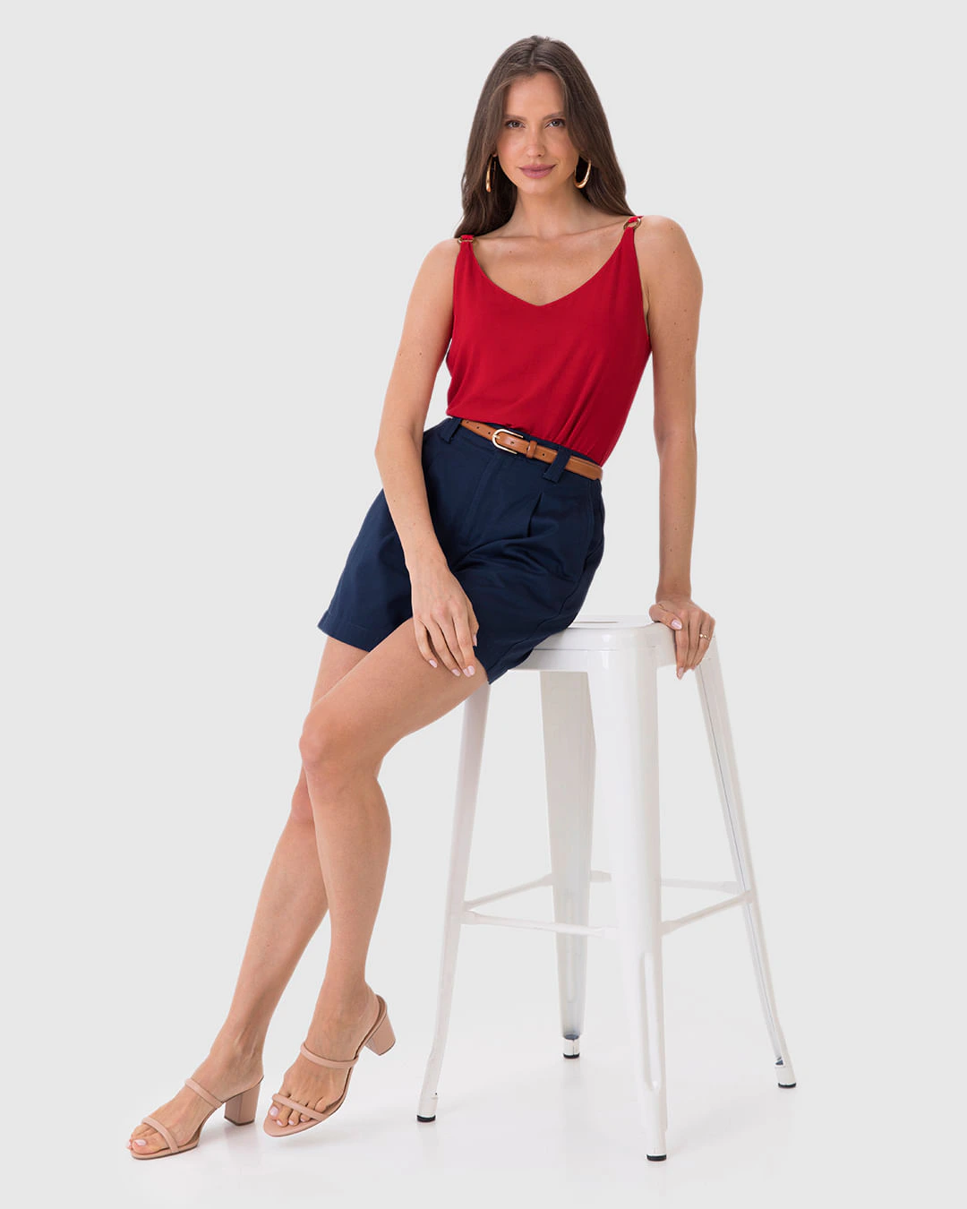 Regata Feminina Reta Decote V Alça Detalhe Argola Em Viscose