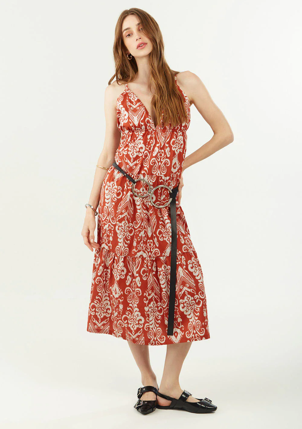 Vestido Zinco Ajustado Decote V Com Alça Longo Vermelho