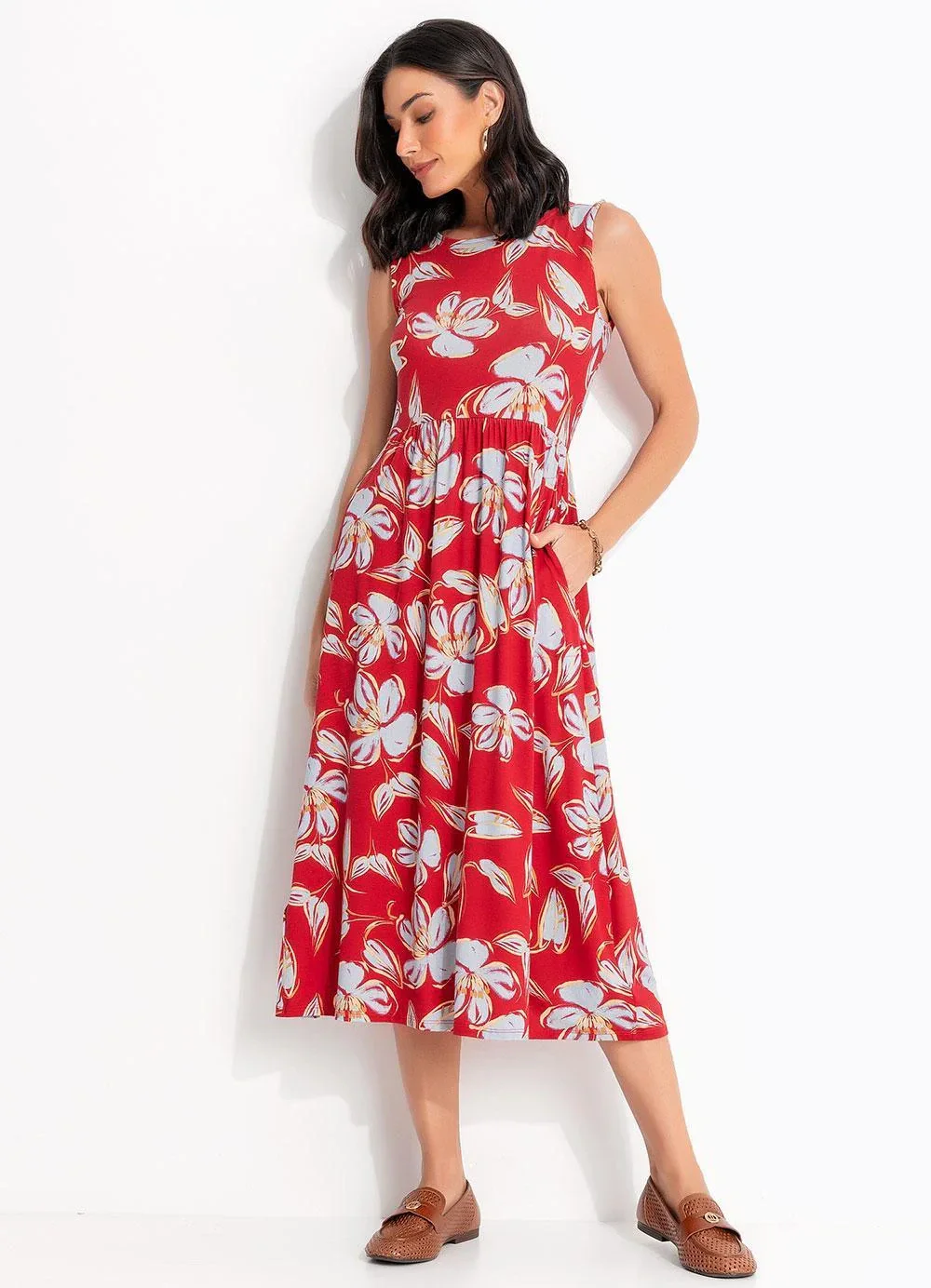 Quintess - Vestido Floral Vermelho em Malha de Viscose