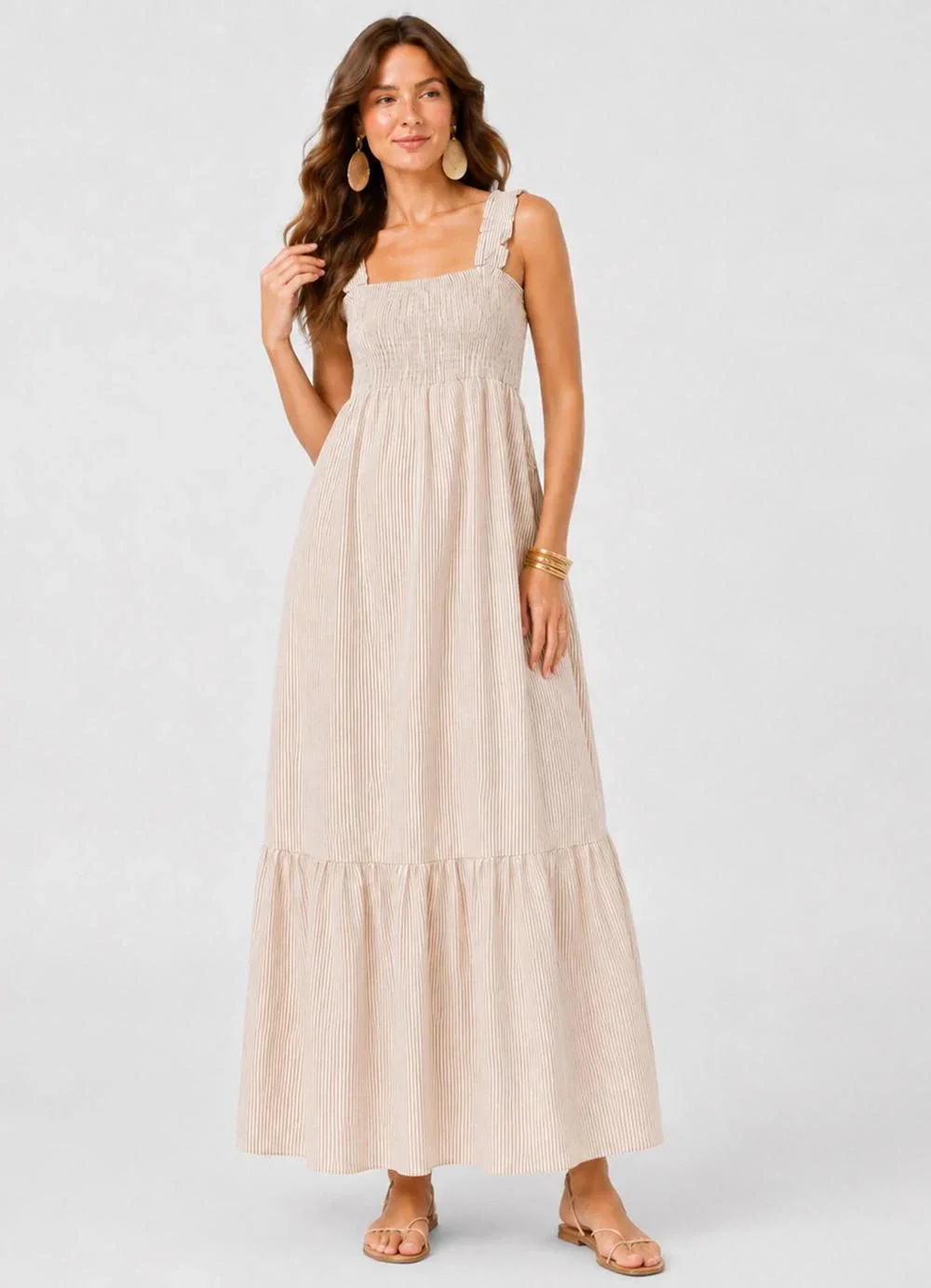Rovitex - Vestido Midi Feminino de Alça Listrado Marrom
