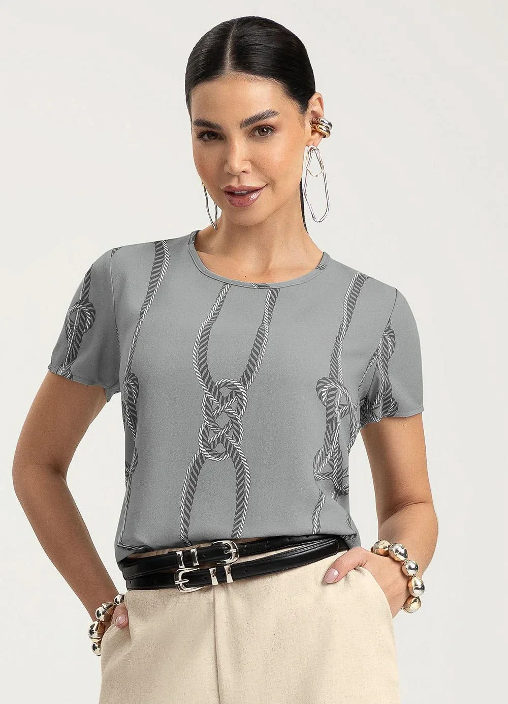 Gris - Blusa em Viscose Cinza