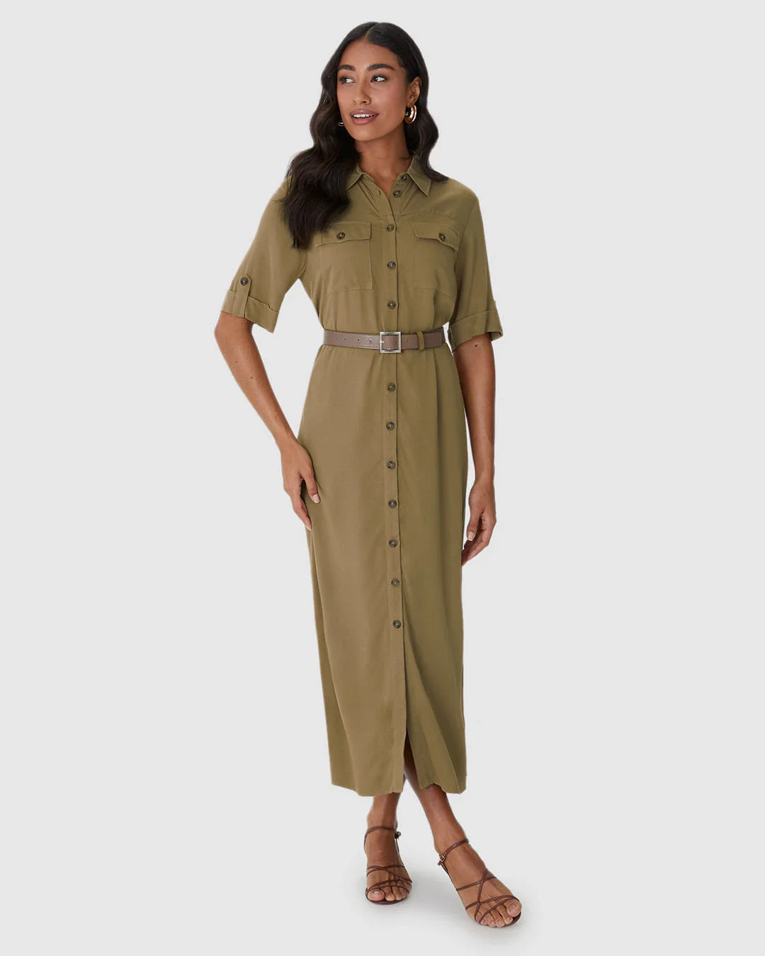 Vestido Midi Feminino Chemise Acompanha Cinto Em Viscose Sarjada